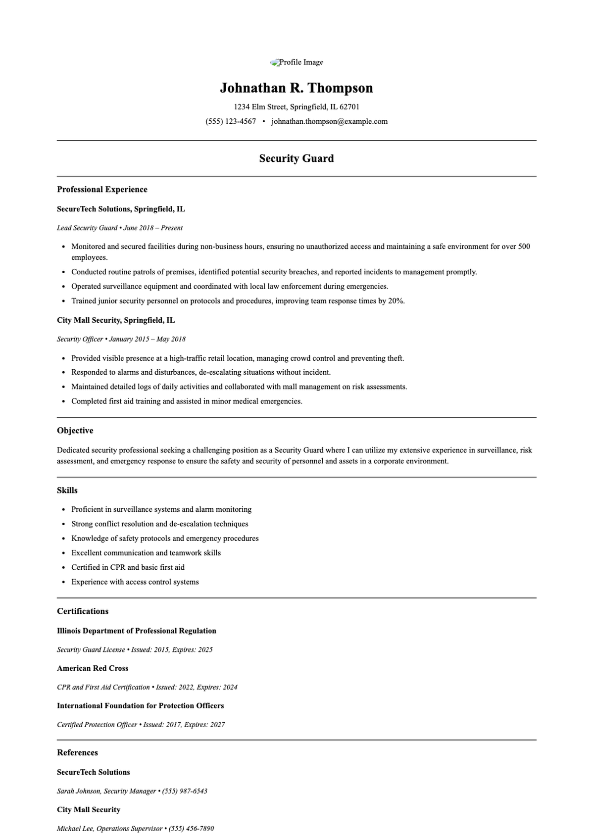 Security guard resume with professional experience and certifications_variant_3